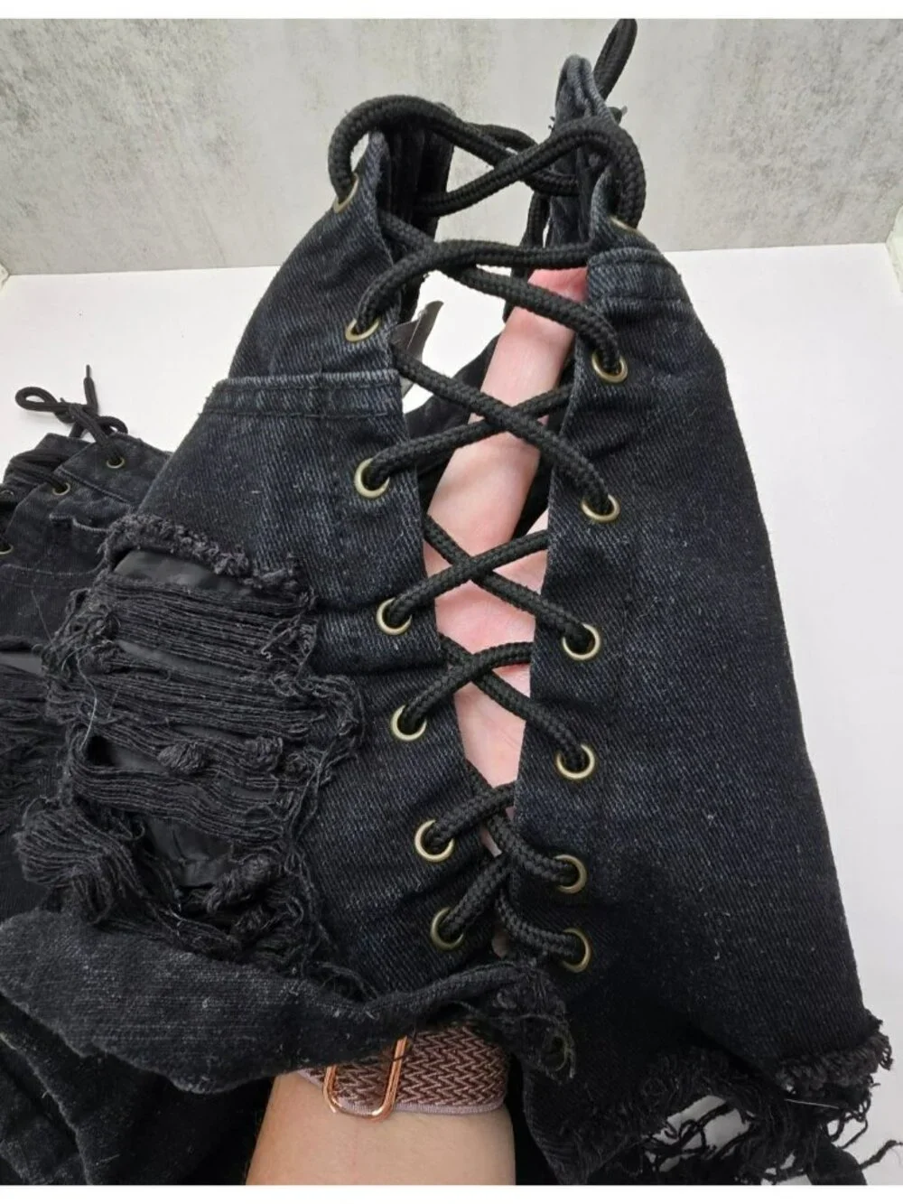 Black Distressed Denim Shorts With Lace-Up Sides And Frayed Hem Hot Pants JJ4380